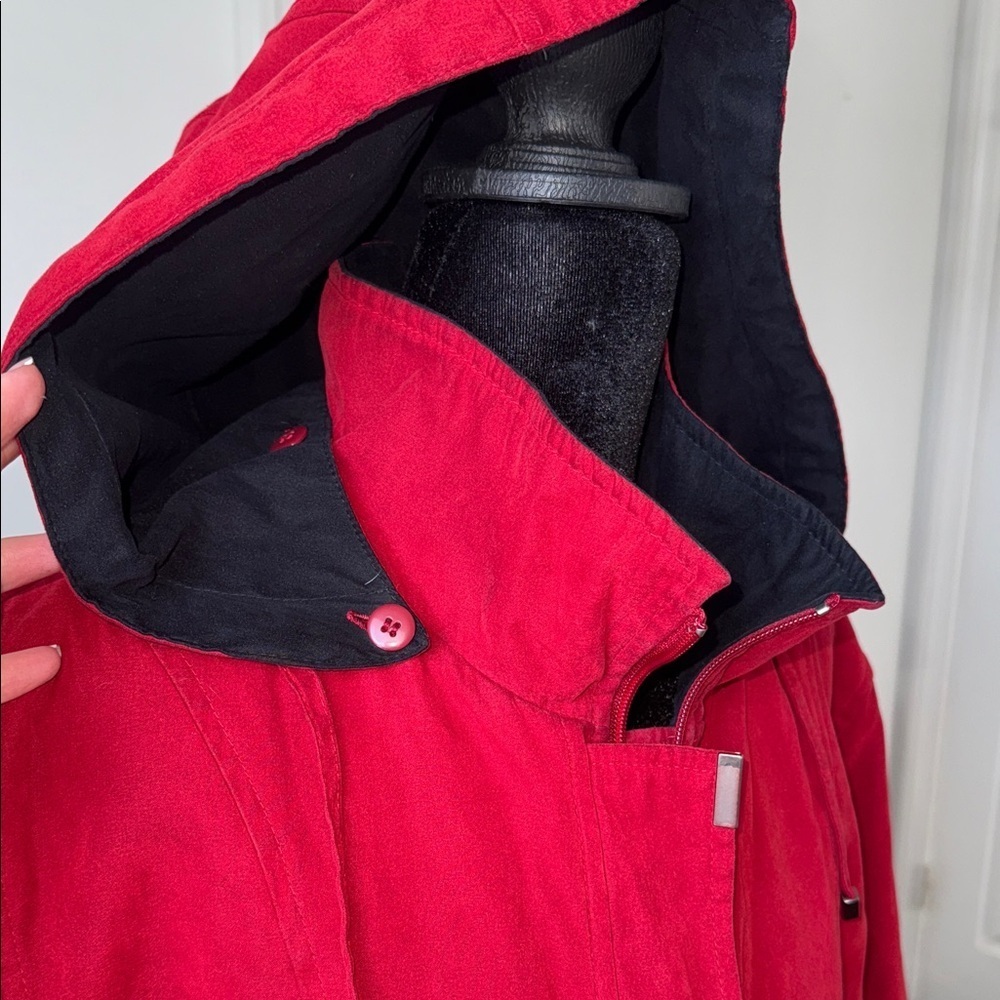 London Fog Long Red Trench Coat | Removable Hood | Women’s L | Lined - Picture 9 of 12